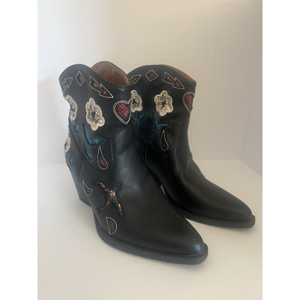 Zodiac Roslyn Flower Western Ankle Boot Size 8 Black Cowgirl Boho Festival Rodeo